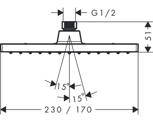 Technický nákres sprchovej hlavice s rozmermi