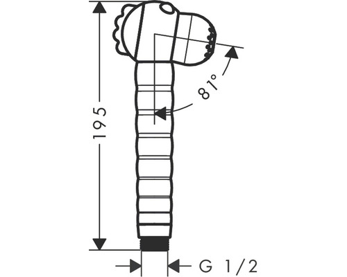 Technický nákres prívodu umývadlovej batérie Hansgrohe s hlavou dinosaura a rozmermi