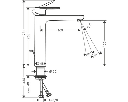 Technický nákres vodovodnej batérie s rozmermi.