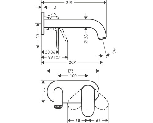 Technický nákres umývadlovej batérie s rozmermi