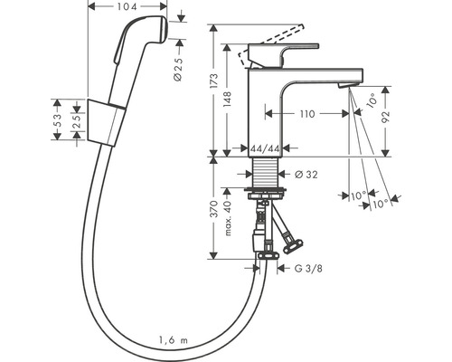 Technický nákres umývadlovej batérie so sprchou a rozmermi