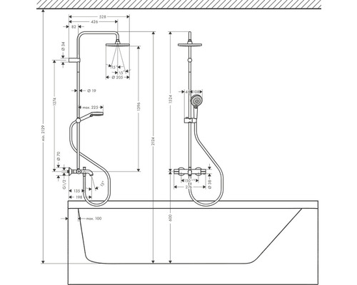 Technický nákres sprchovej armatúry s rozmermi pre inštaláciu nad vaňu.