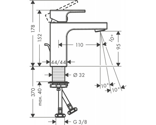 Technický nákres umývadlovej batérie s rozmermi