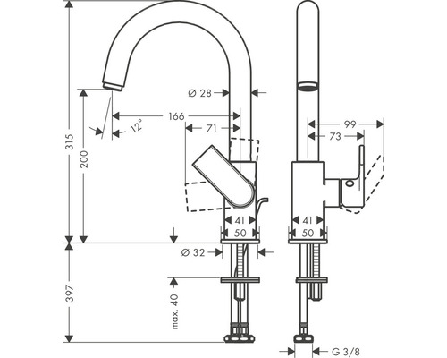 Technický nákres kuchynskej batérie s rozmermi