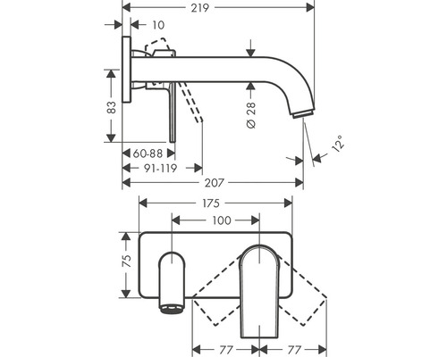 Technický výkres vodovodnej batérie s rozmermi