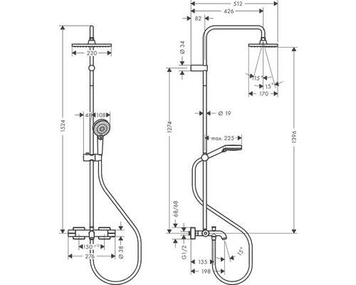 Technický nákres sprchovej batérie s rozmermi