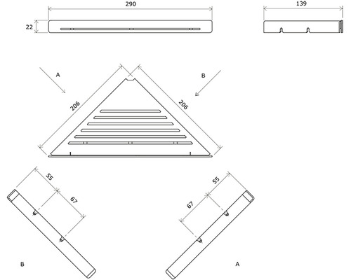 Technický nákres rohovej sprchovej police s rozmermi