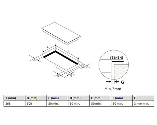 Montážny náčrt varnej dosky s rozmermi