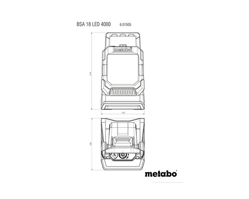 Logo spoločnosti Metabo s technickými nákresmi stavebného svietidla BSA 18 LED 4000