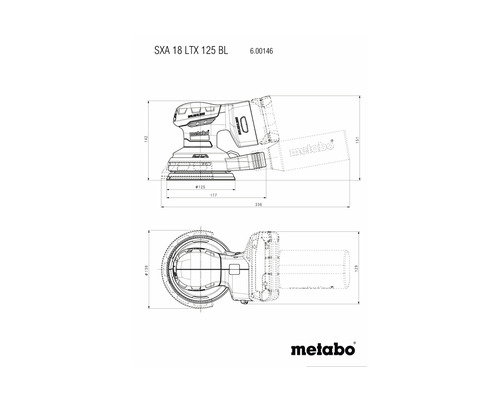 Technický výkres akumulátorovej excentrickej brúsky Metabo SXA 18 LTX 125 BL s rozmermi