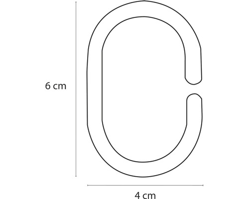 Obrázok krúžku sprchového závesu s rozmermi šesť krát štyri centimetre.
