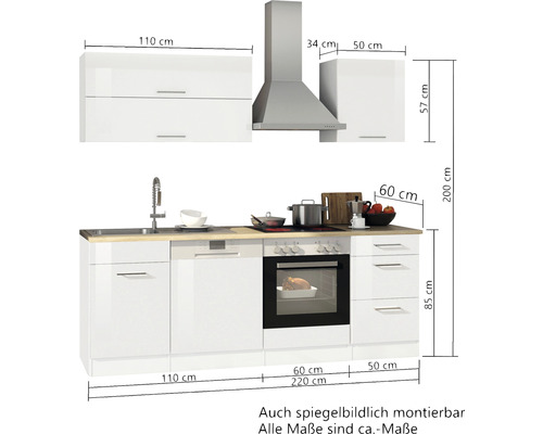 Kuchynská linka s drezom, umývačkou riadu, rúrou, varnou doskou, digestorom a závesnými skrinkami s rozmermi