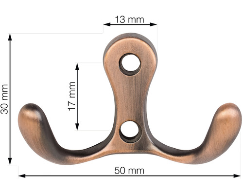 Dvojitý vešiak na šaty s rozmermi 30 milimetrov krát 50 milimetrov