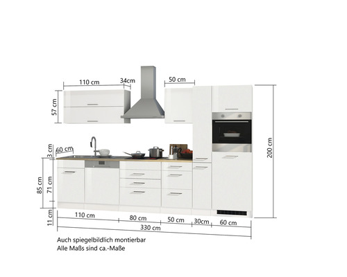 Kuchynská linka s drezom, odsávačom pár a vstavanou rúrou s rozmermi