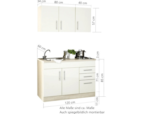 Kuchynská linka s drezom, varnou doskou a závesnou skrinkou s rozmermi