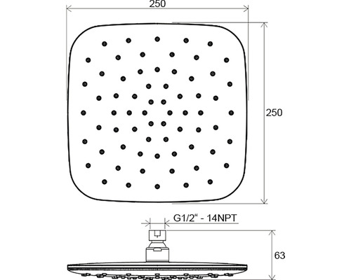 Technický nákres štvorcovej sprchovej hlavice s rozmermi 250 x 250 milimetrov