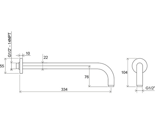 Technický nákres vodovodnej batérie s rozmermi
