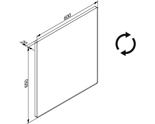 Technický nákres dosky s rozmermi 600 x 650 x 20 mm