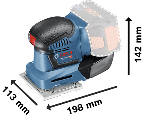 Akumulátorová vibračná brúska Bosch Professional s rozmermi 113 mm x 198 mm x 142 mm