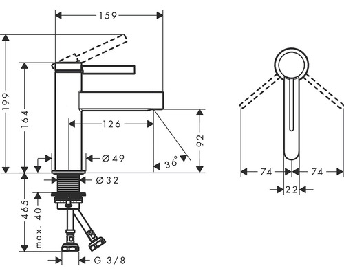 Technický nákres armatúry s rozmermi