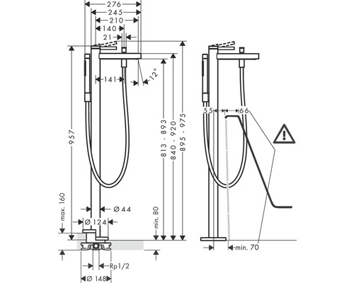 Rozmerový nákres voľne stojacej vaňovej batérie s ručnou sprchou
