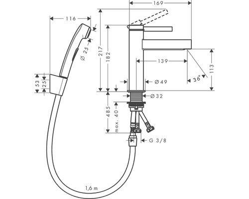 Technický výkres armatúry s ručnou sprchou a rozmermi