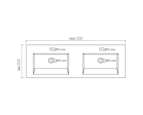Technický nákres dvojitého umývadla s rozmermi 1400 krát 460 milimetrov