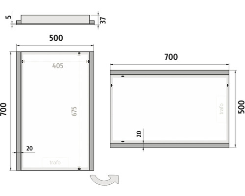 Technický nákres zrkadlovej skrinky s rozmermi