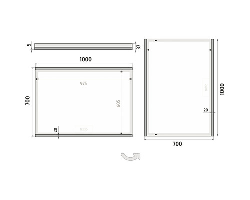 Technický nákres zrkadlovej skrinky s rozmermi