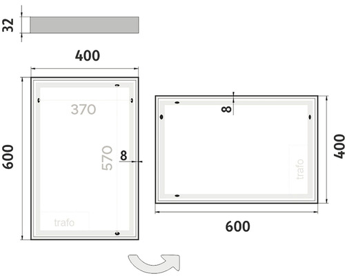 Technický nákres zrkadla s rozmermi