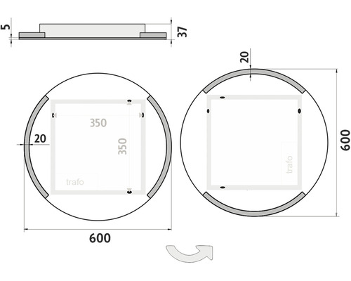 Technický nákres okrúhleho zrkadla s priemerom 600 milimetrov, výškou 37 milimetrov a montážnou doskou 350 x 350 milimetrov