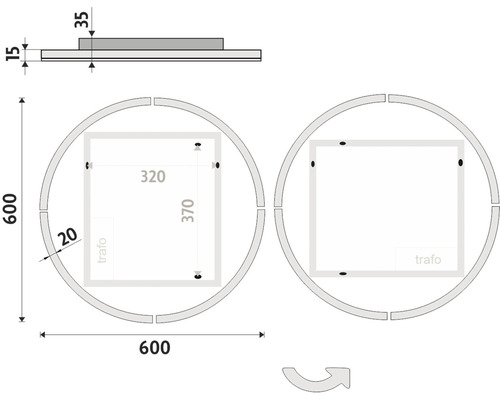 Technický nákres okrúhleho LED zrkadlového svietidla s rozmermi