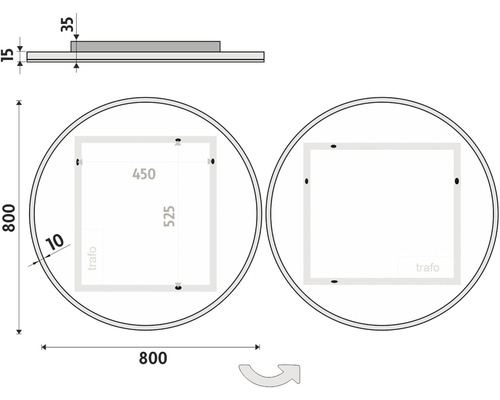 Technický výkres okrúhleho zrkadla s rozmermi