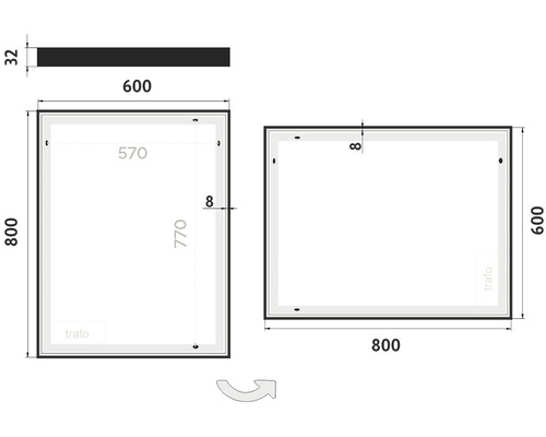 Technický nákres zrkadla s LED osvetlením a rozmermi