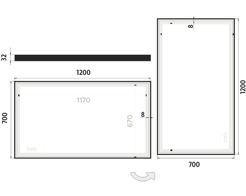 Technický nákres zrkadla s rozmermi 1200 x 700 mm a 1200 x 700 mm.