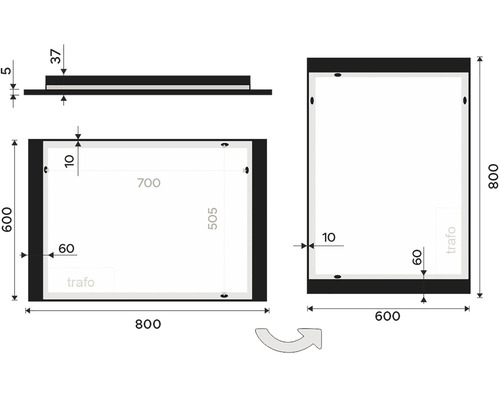 Technický nákres zrkadlovej skrinky s rozmermi.