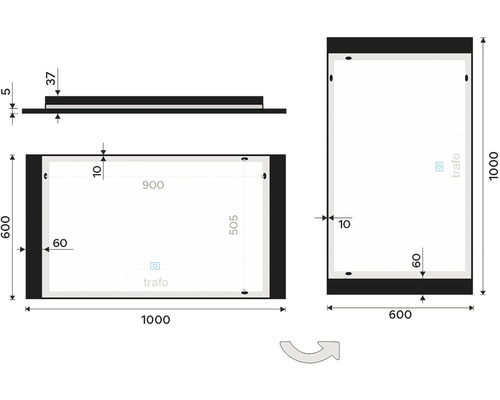 Technický nákres zrkadlovej skrinky s rozmermi