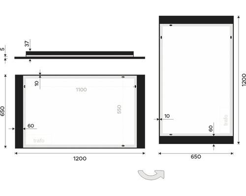 Technický nákres zrkadla s LED osvetlením a rozmermi