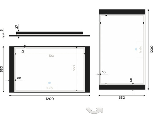 Technický nákres zrkadla s osvetlením a rozmermi