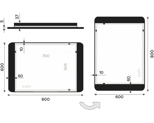 Technický výkres zrkadla LED s rozmermi