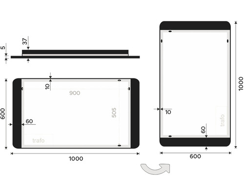 Technický nákres LED zrkadla s rozmermi