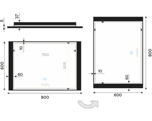 Technický nákres zrkadla s rozmermi