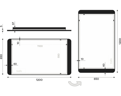 Nákres LED zrkadla s rozmermi