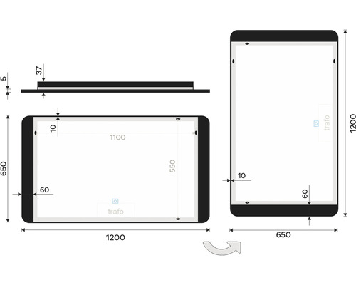 Technický nákres zrkadla s rozmermi