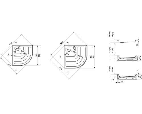 Technický výkres sprchovej vaničky s rozmermi