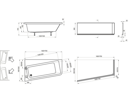 Technický nákres vane s rozmermi