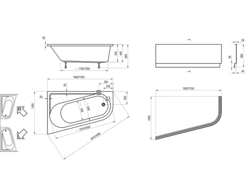 Technický nákres rohovej vane s rozmermi
