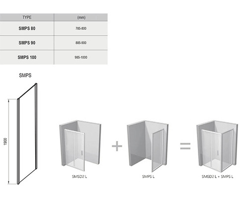Nákres sprchovej steny s bočnou stenou na montáž v kúpeľni