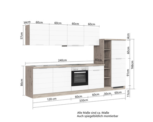Kuchynská linka s hornými a dolnými skrinkami a vstavanou rúrou s rozmermi