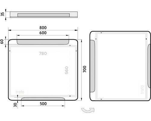 Technický výkres zrkadla s rozmermi